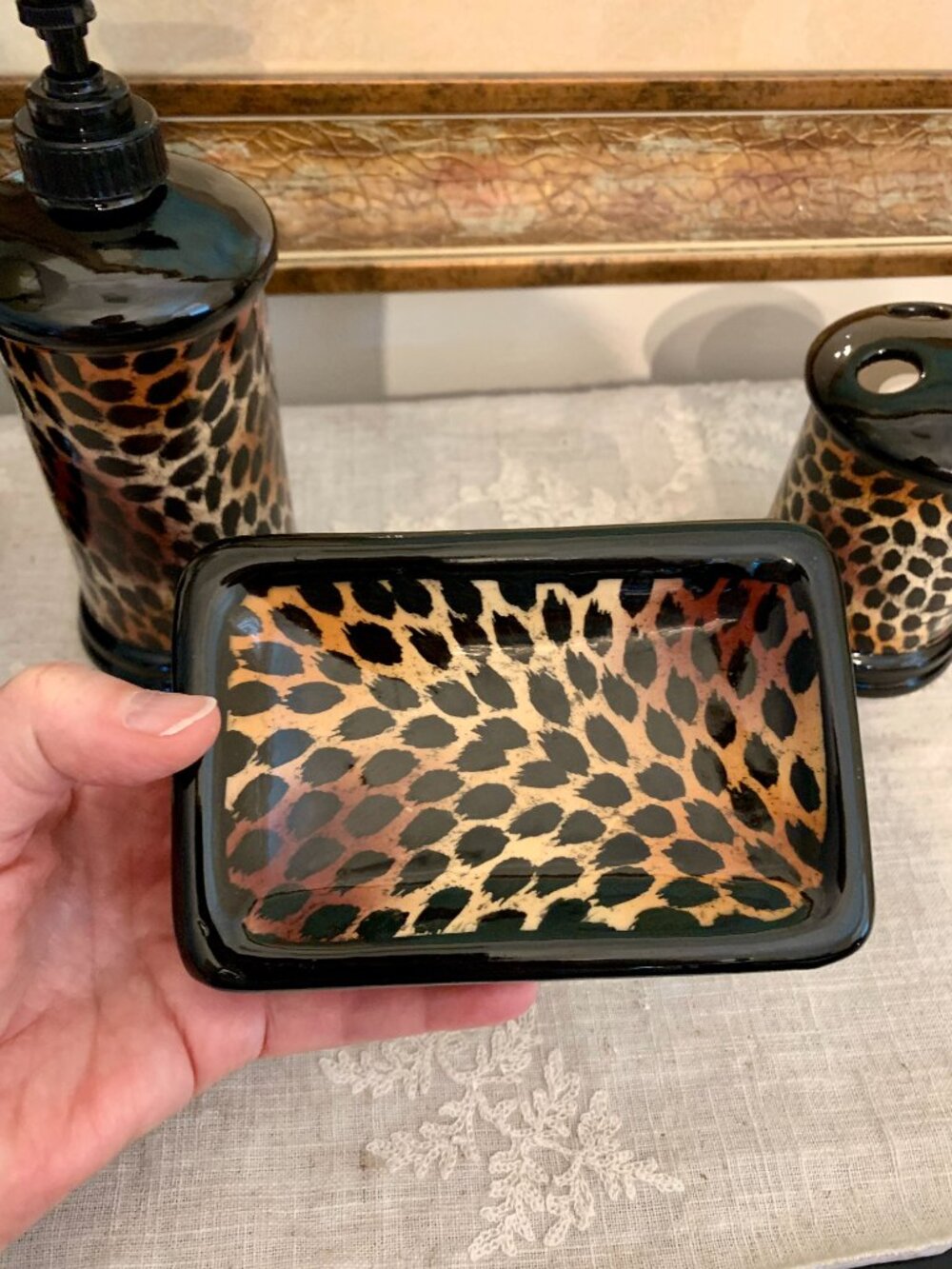 Leopard Print 4 Pc Bathroom Accessories Vintage Indian Ink Hand Painted Ceramic - Picture 8 of 11